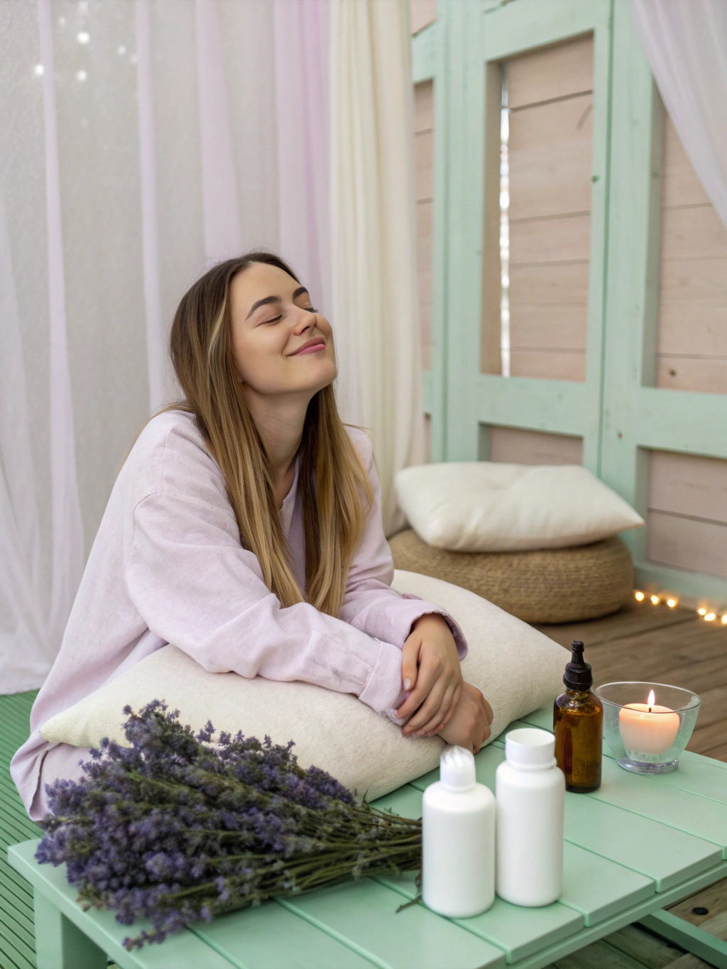 Elena relaxing in a serene spa environment
