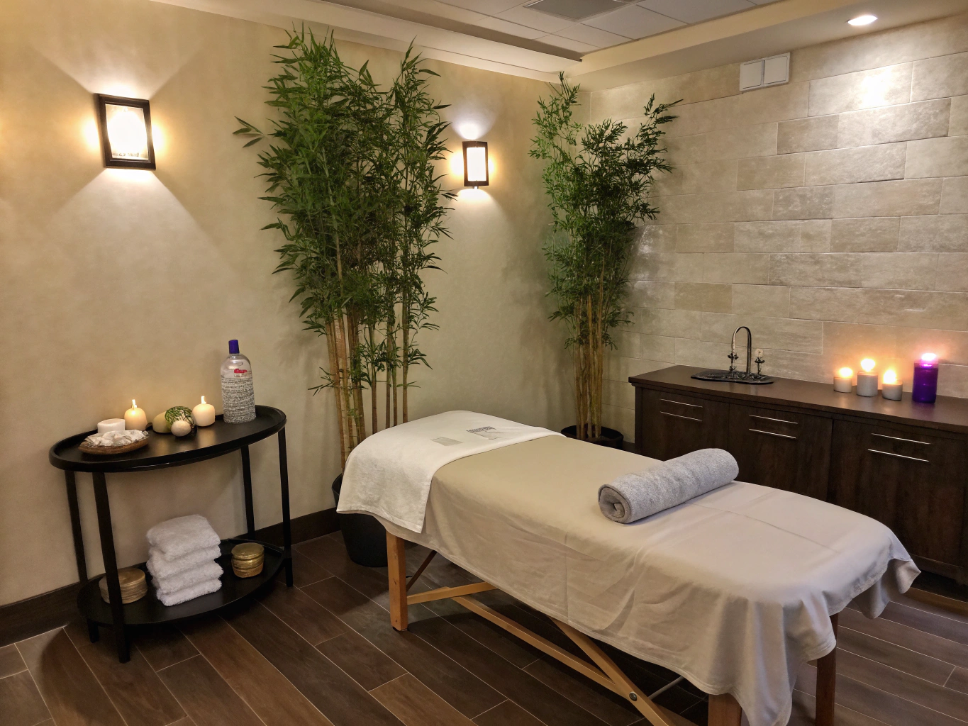 Soft focus view of a peaceful massage room with warm lighting