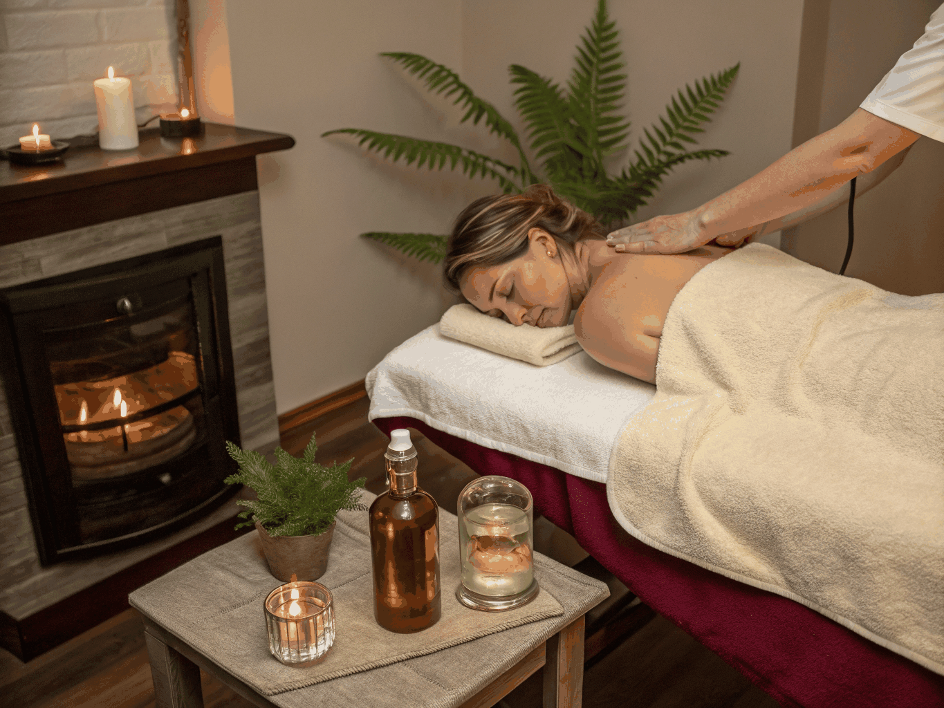 Serene spa treatment room with forest green accents and warm lighting